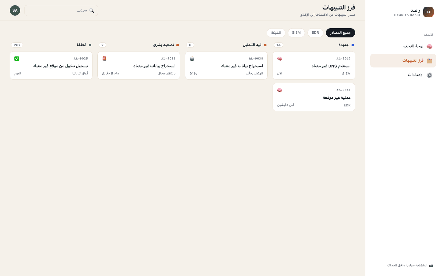 Alert triage board screen — neuriya Rasid
