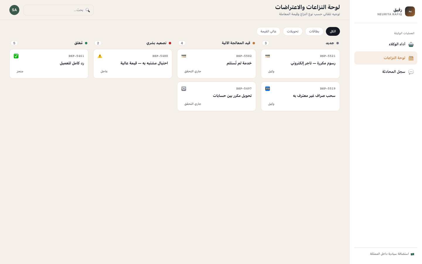 Disputes & chargebacks board screen — neuriya Rafiq