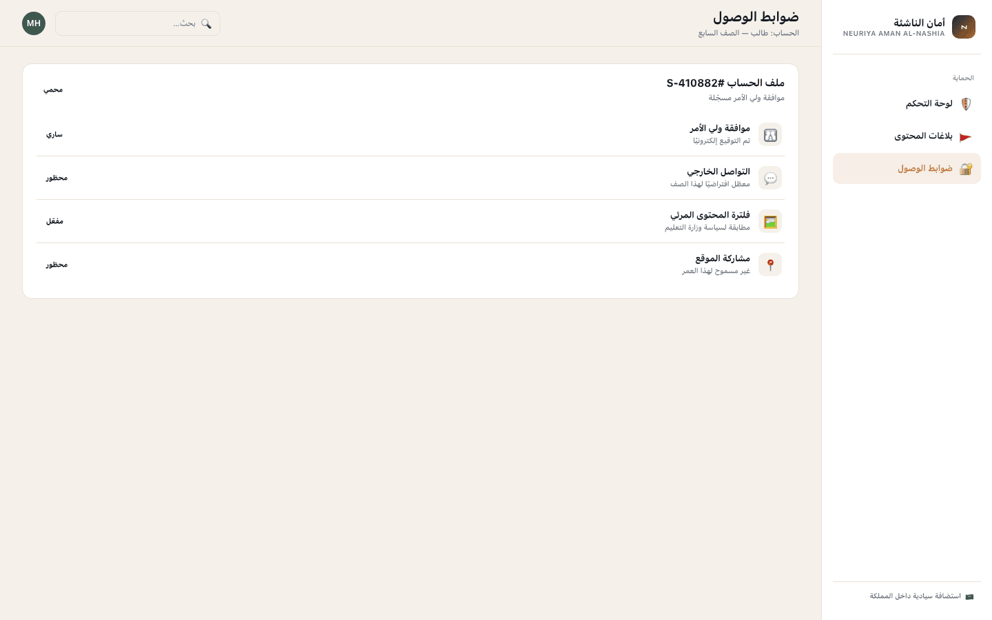 Access controls screen — neuriya Aman Al-Nashia