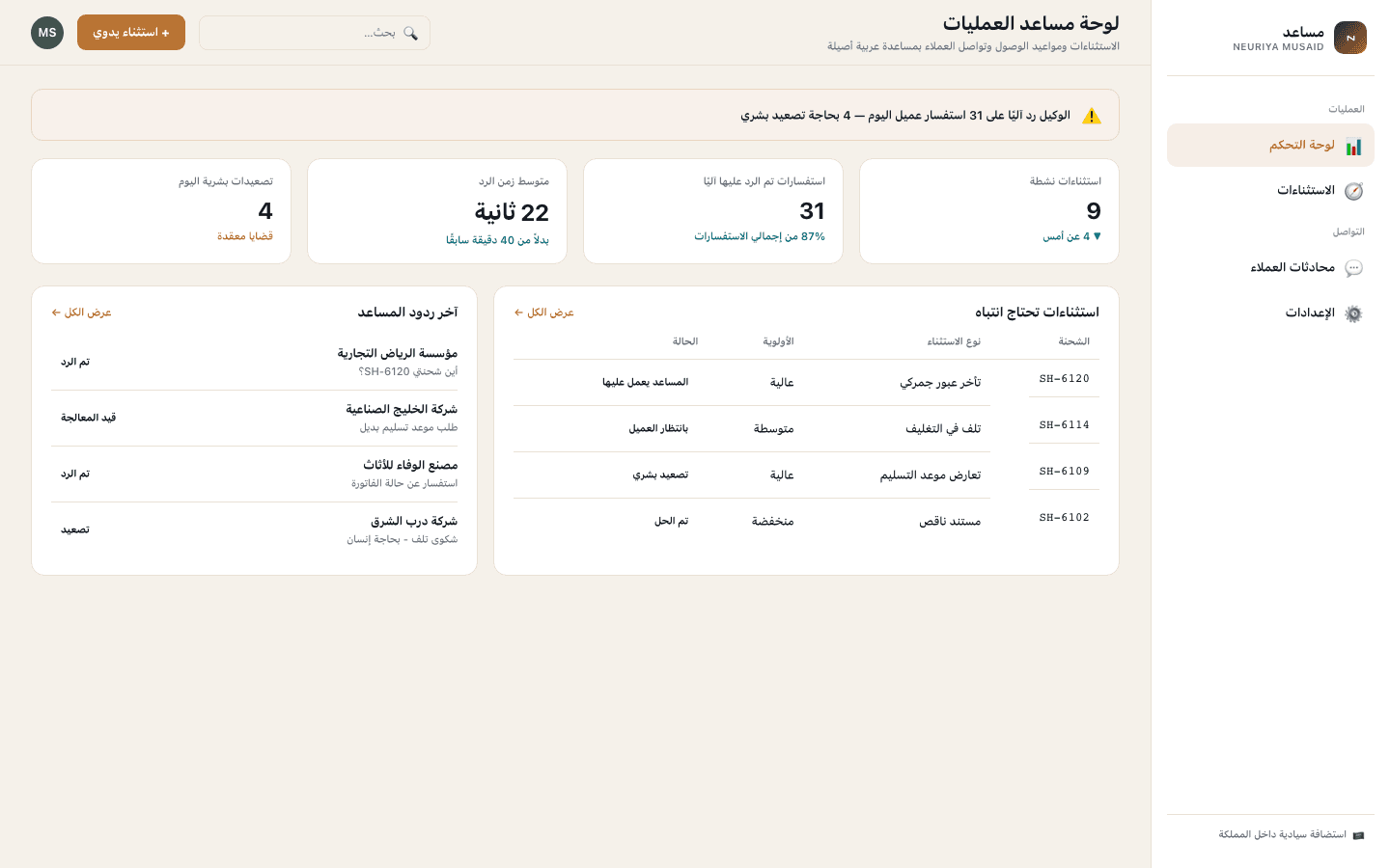 Copilot dashboard screen — neuriya Musaid