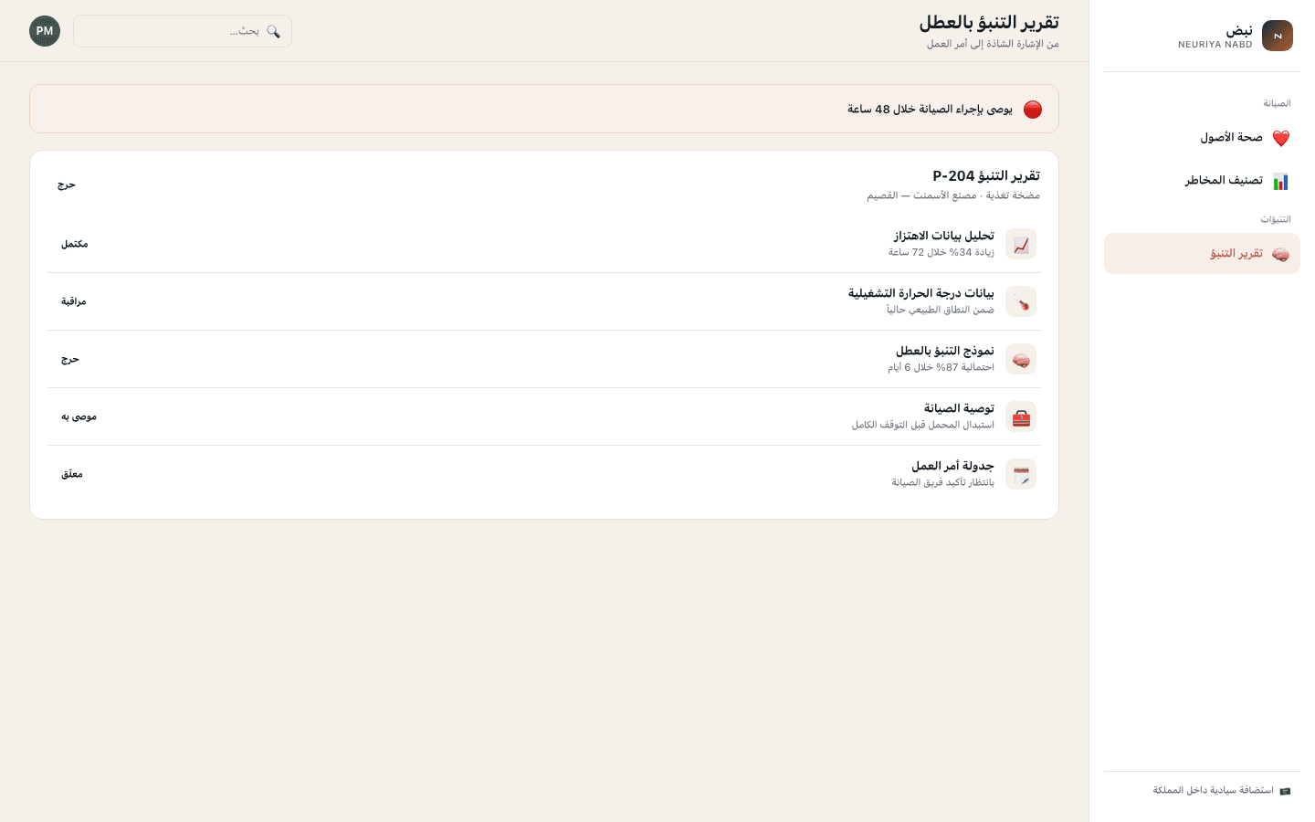 Failure prediction report screen — neuriya Nabd