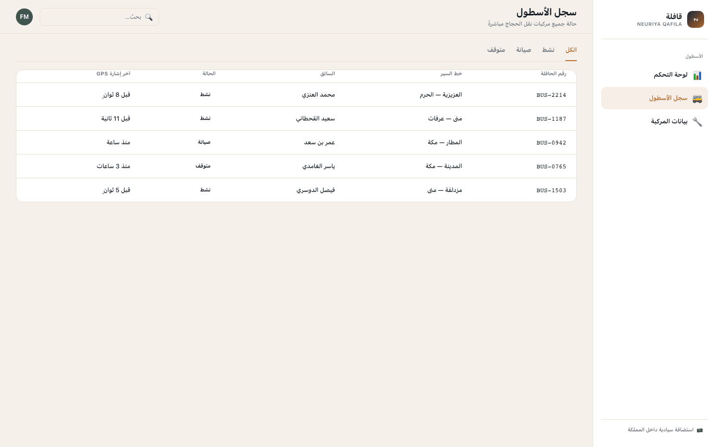 Fleet registry screen — neuriya Qafila