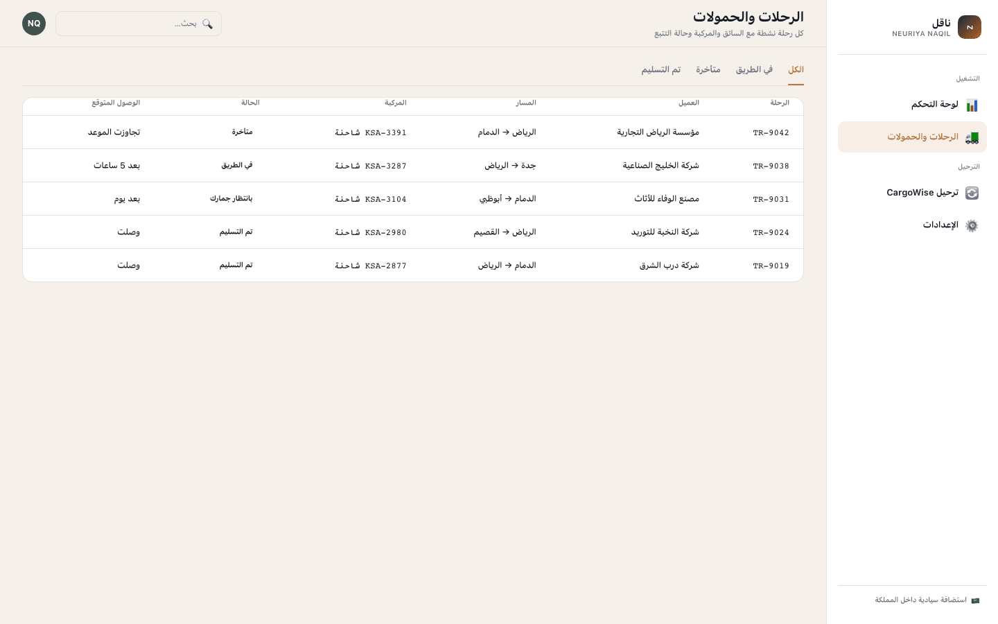 Loads & trips screen — neuriya Naqil