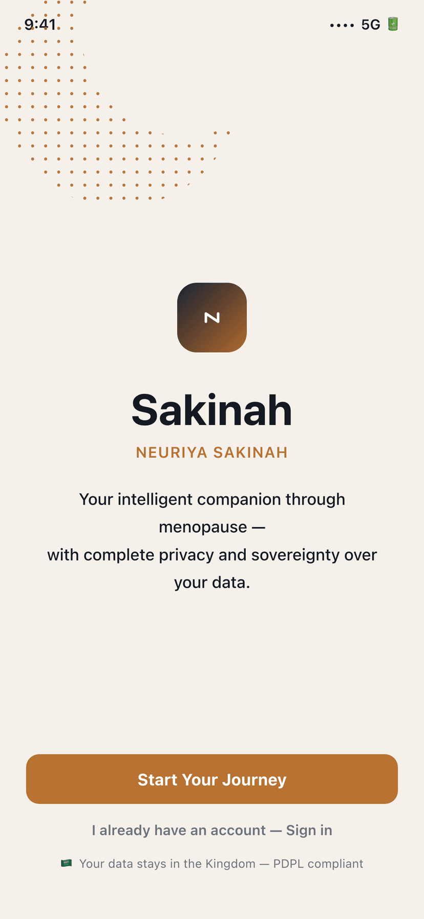 Onboarding screen (English UI) — neuriya Sakinah