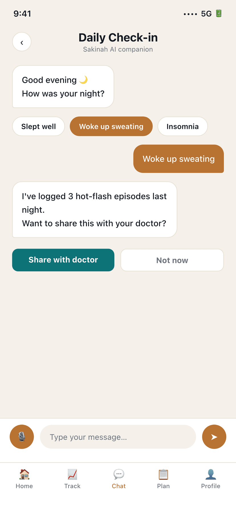 Daily check-in screen (English UI) — neuriya Sakinah