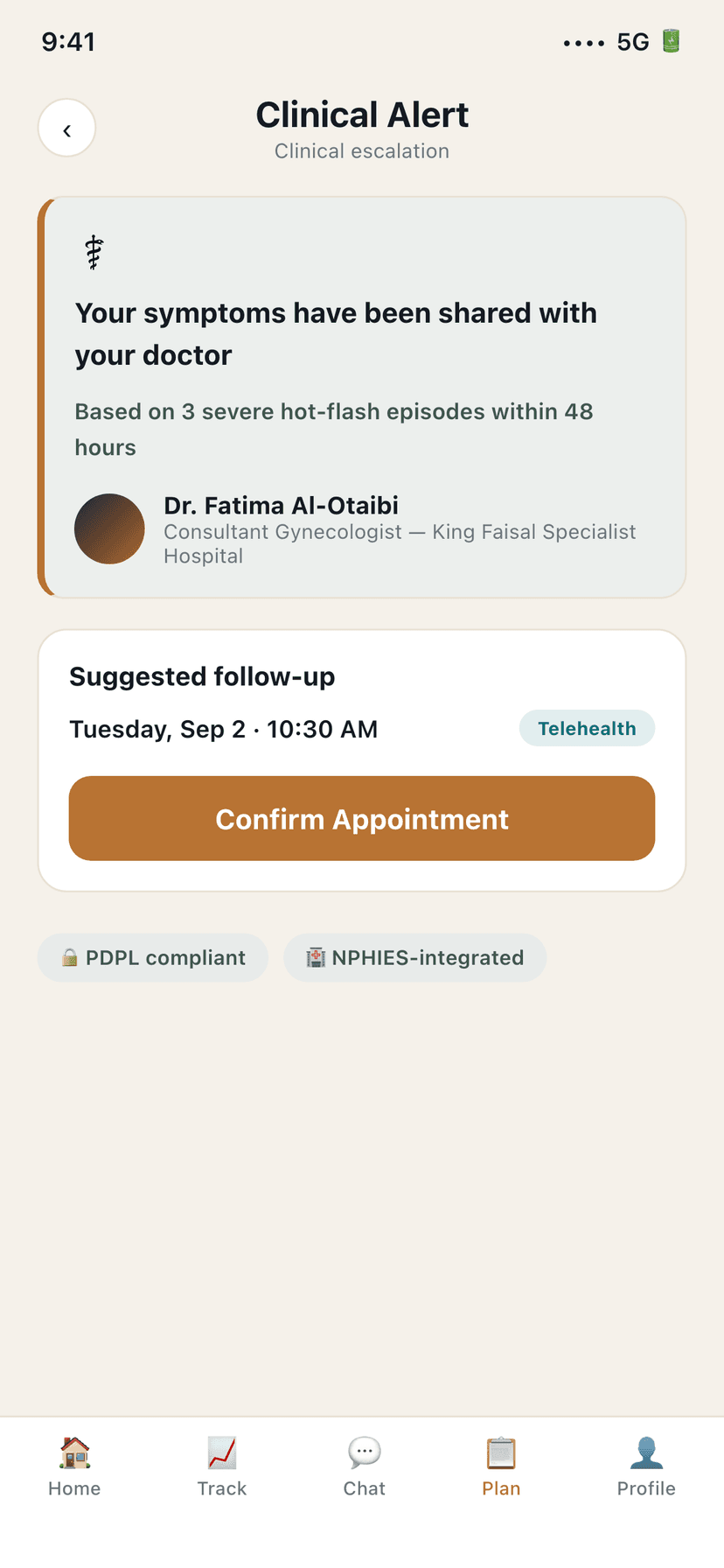 Clinician escalation screen (English UI) — neuriya Sakinah