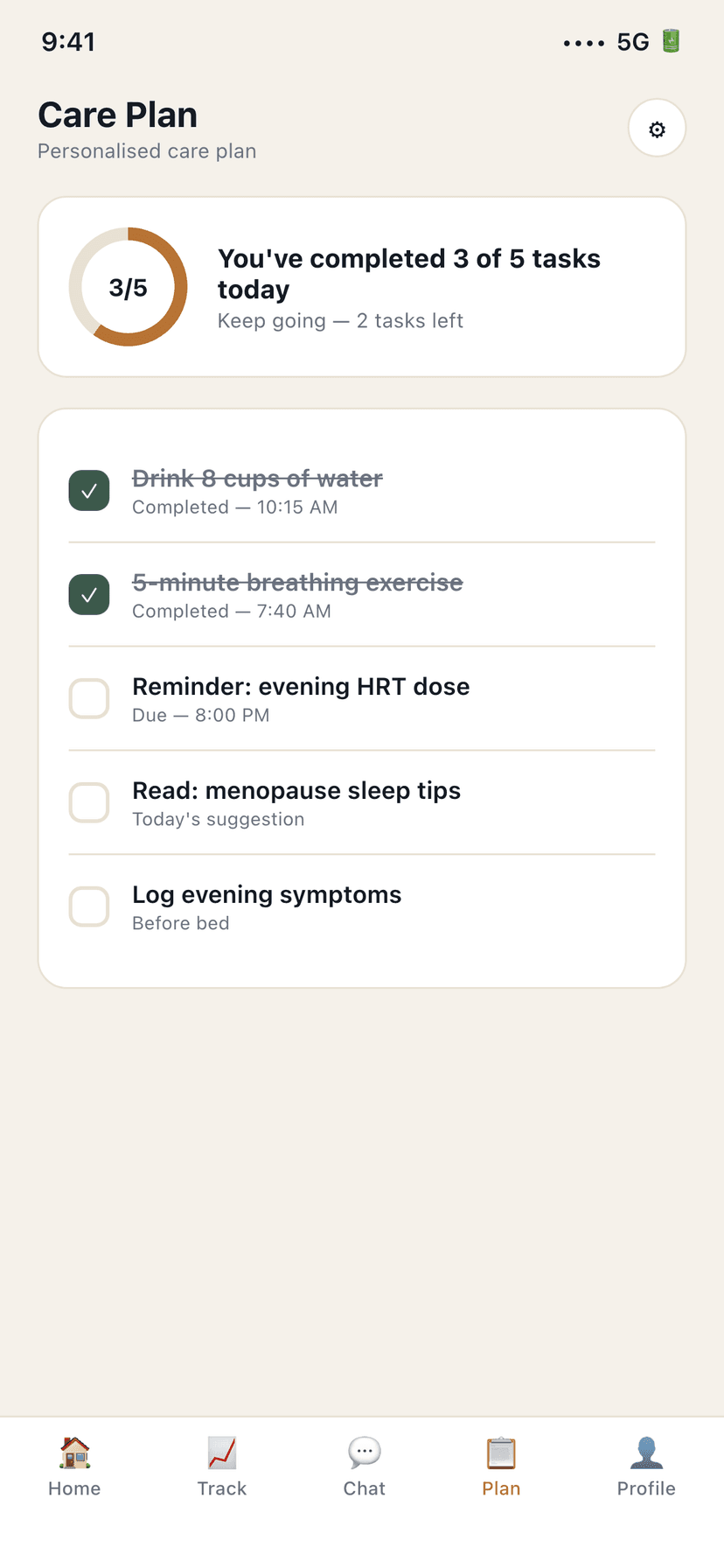 Care plan screen (English UI) — neuriya Sakinah