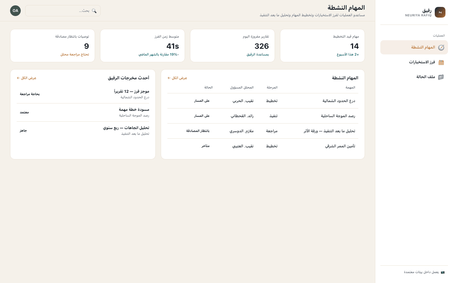 Active missions screen — neuriya Rafiq
