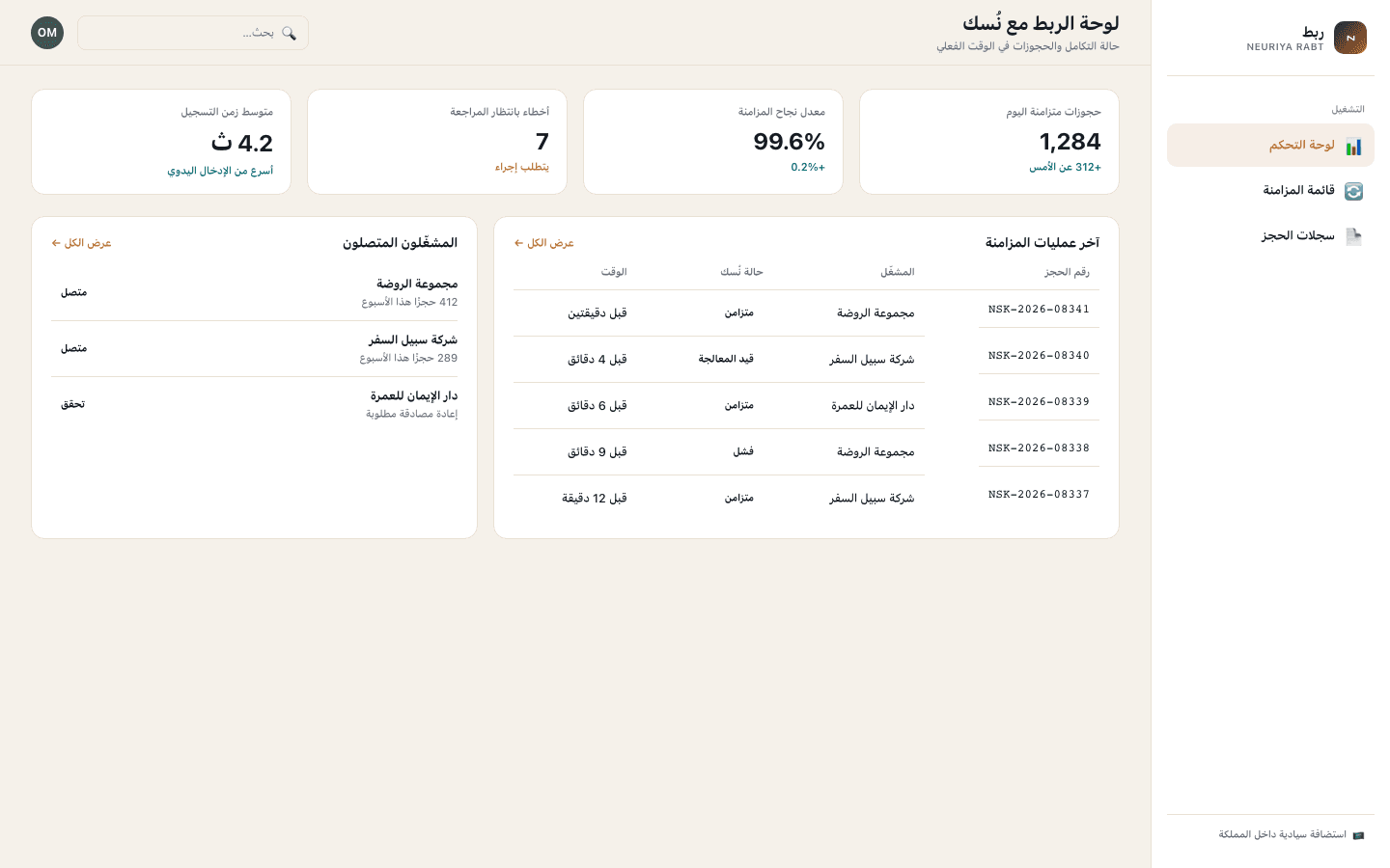 Sync dashboard screen — neuriya Rabt