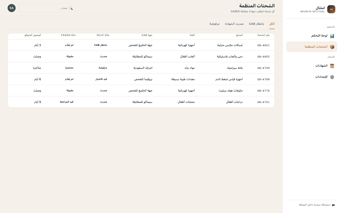 Regulated shipments screen — neuriya Imtithal